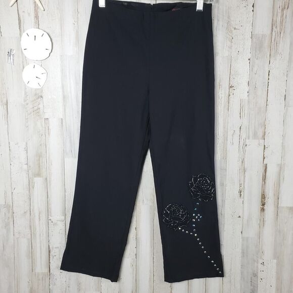 Nally & Millie Floral Rhinestone Pants Black Size Medium - Picture 1 of 7